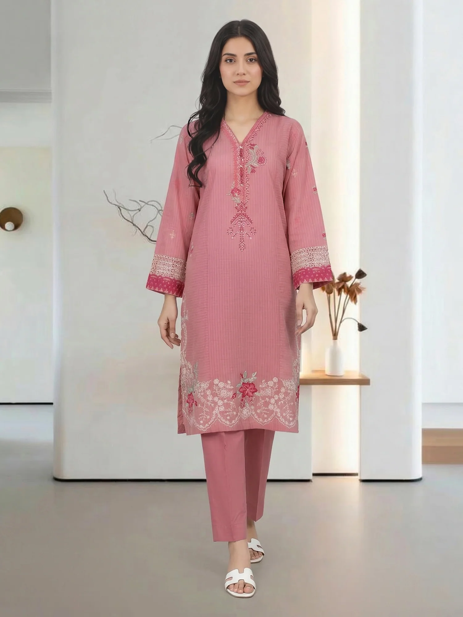 2 Piece Yarn Dyed Suit- Embroidered
