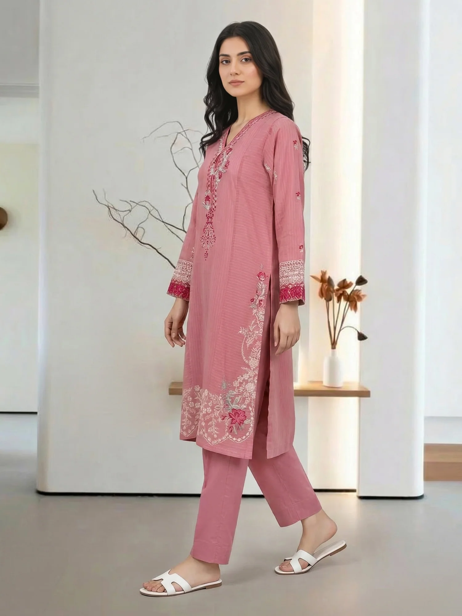 2 Piece Yarn Dyed Suit- Embroidered