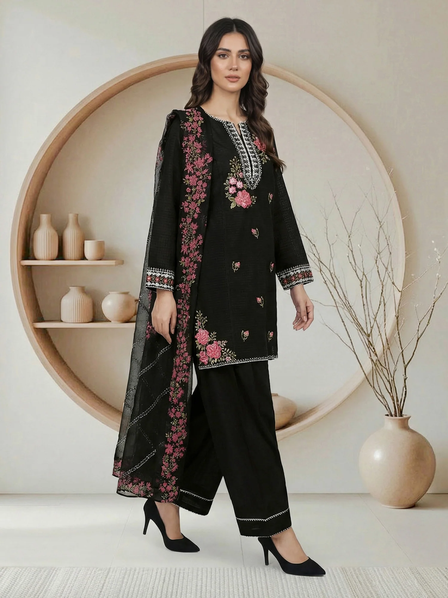 3 Piece Lawn Texture Suit- Embroidered