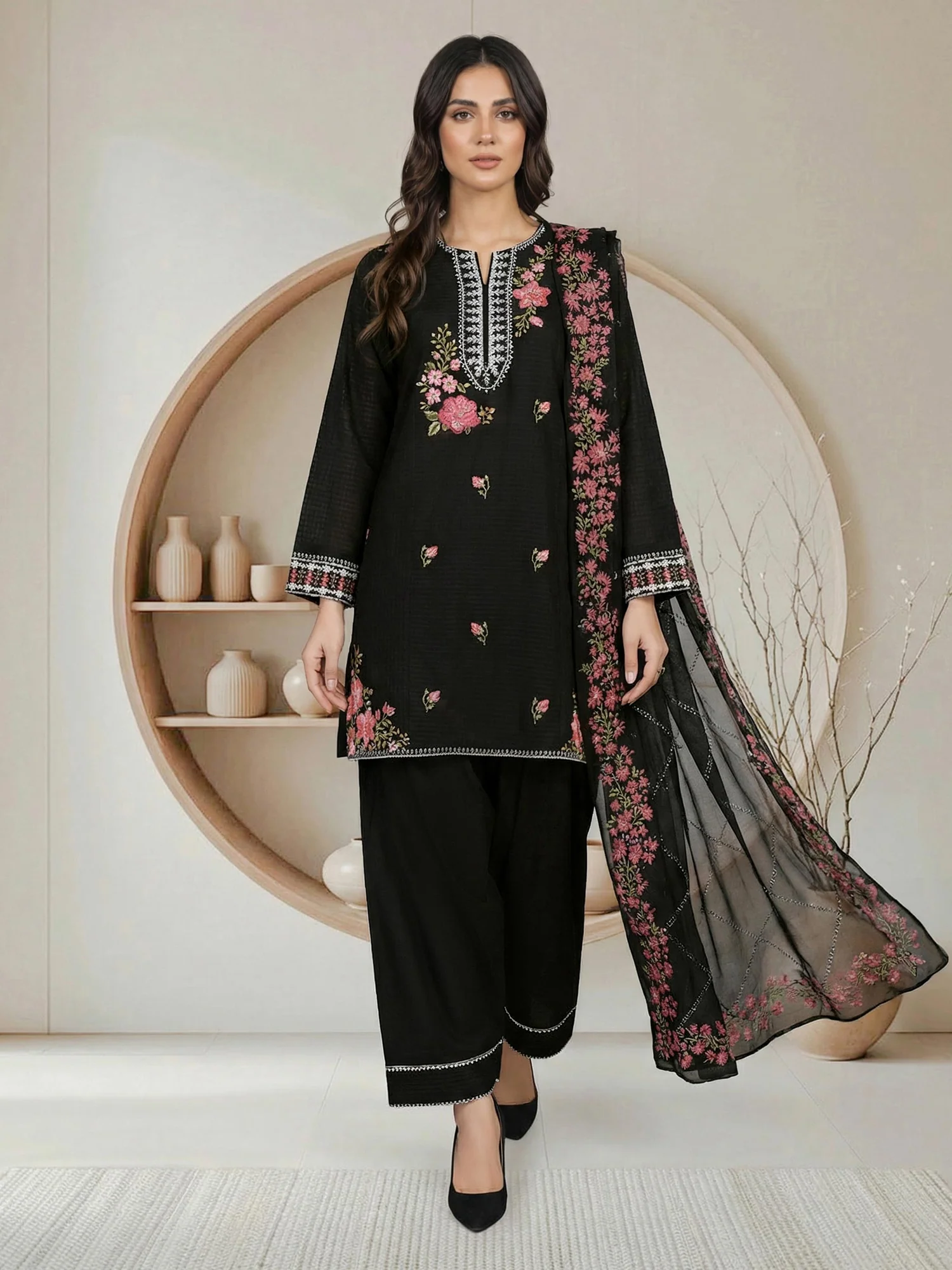 3 Piece Lawn Texture Suit- Embroidered