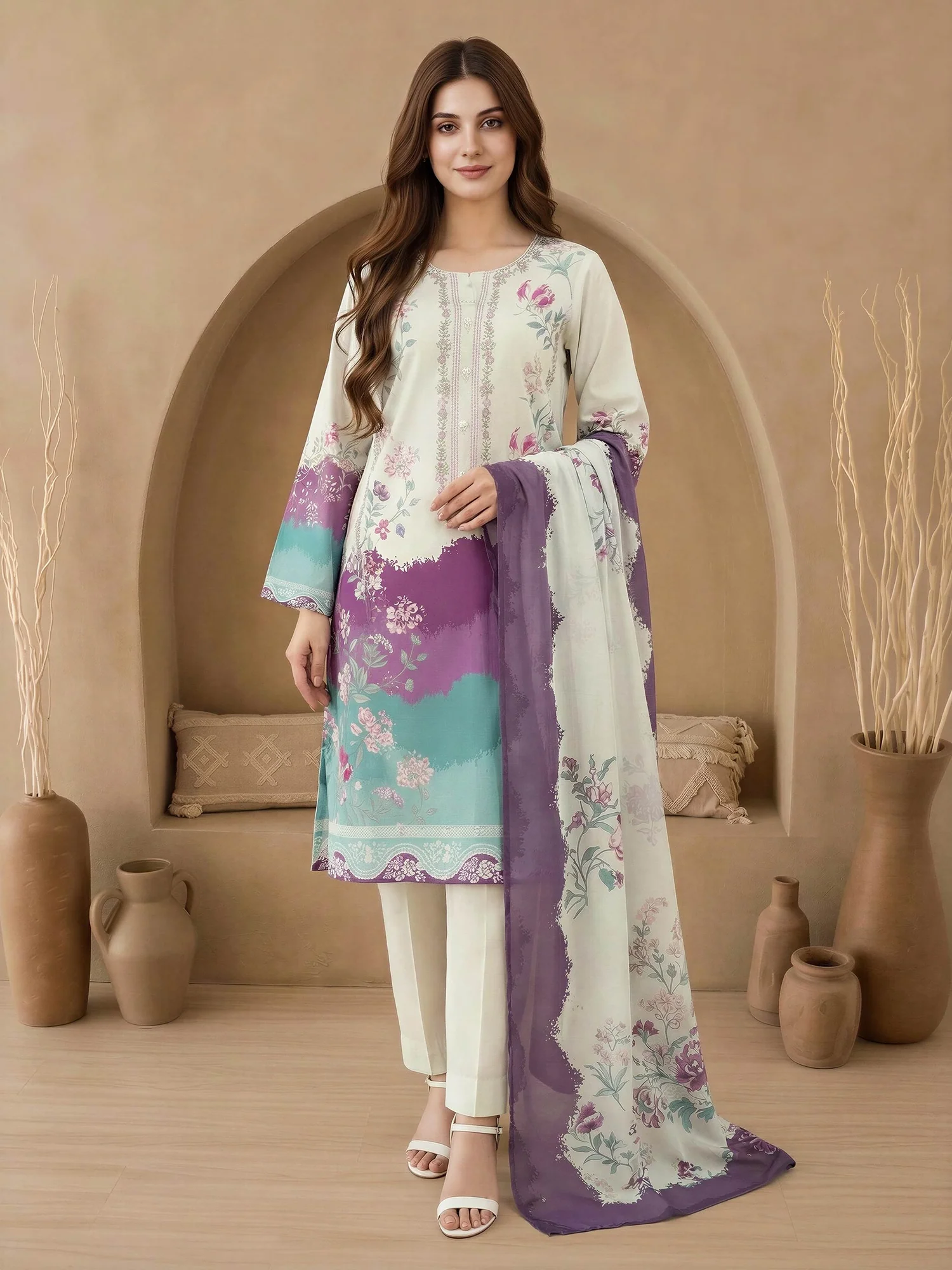 3 Piece chiffon Suit-Embroidered