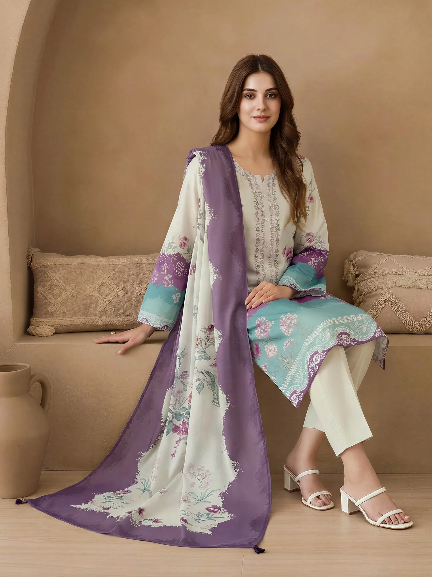 3 Piece chiffon Suit-Embroidered